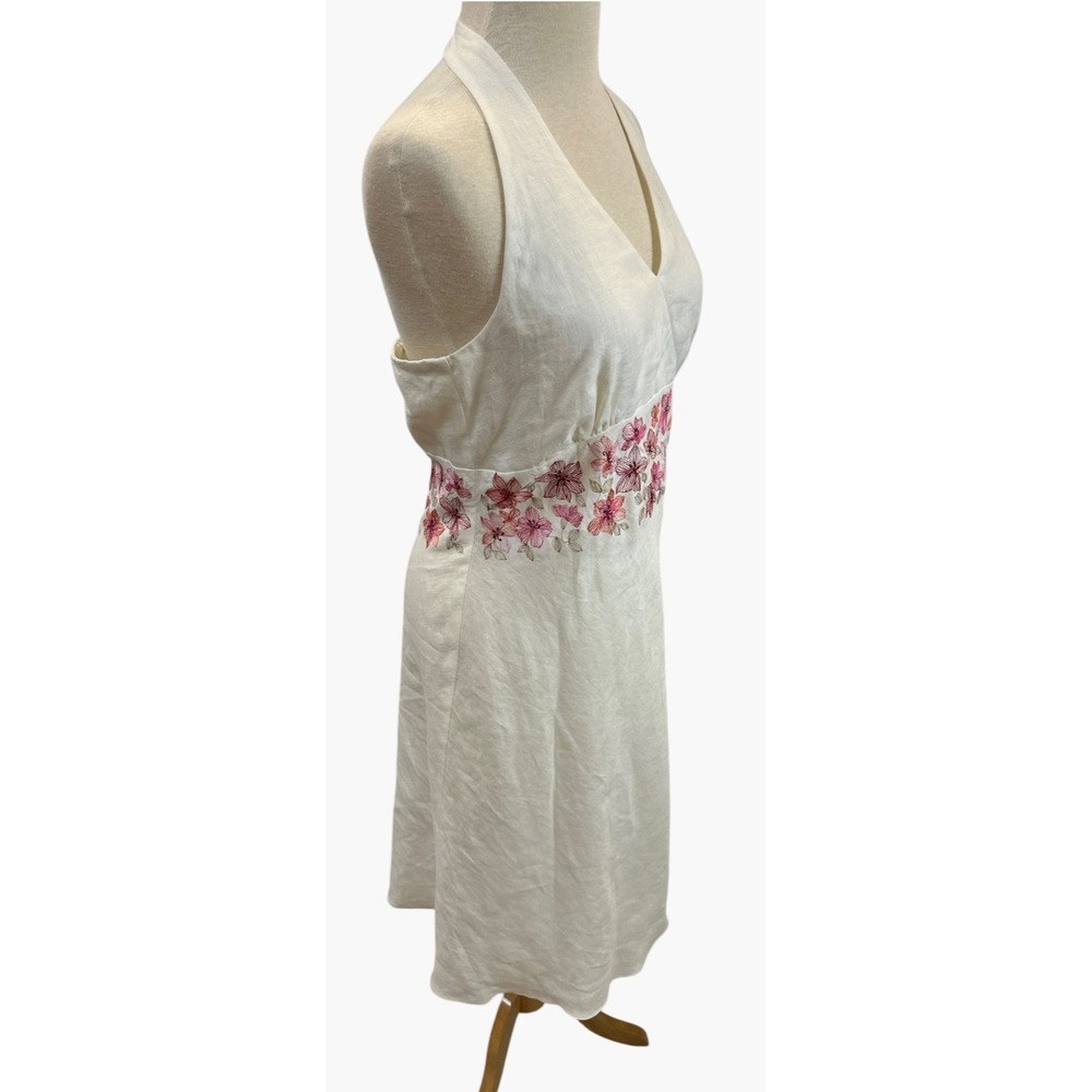 Ann Taylor Y2K Ivory Linen Floral Embroidered Halter Mini Dress Size 8 Coquette - Picture 9 of 15